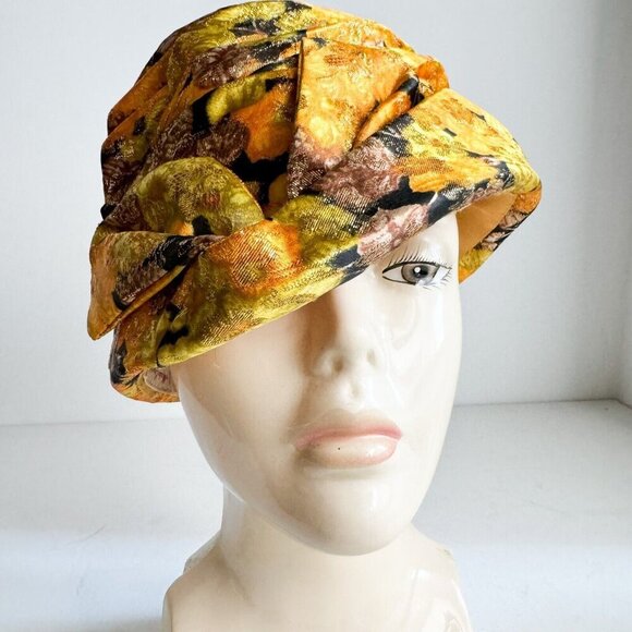 Vintage Custom Made Floral Orange Brown Gold Lurex Pill Box Hat M - Picture 1 of 11